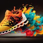 competición de calzado deportivo en un fondo multicolor abstracto generado por ia