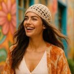 Joven con Mesh Hat de tejido artesanal crochet