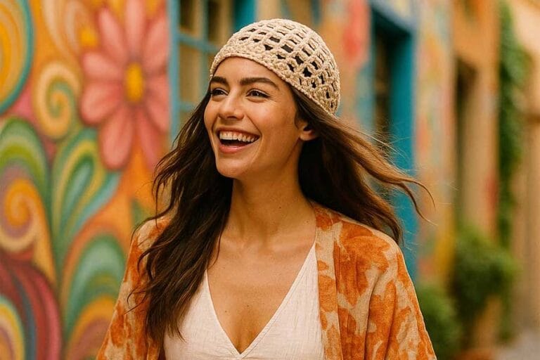 Joven con Mesh Hat de tejido artesanal crochet