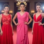 Tres mujeres glamorosas y elegantes vestidas con vestidos de noche en tonos rosa vibrante y rojo pasión posando en una alfombra roja
