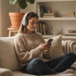 Una mujer joven sentada en un sofá, con una expresión de calma y serenidad mientras usa su celular.