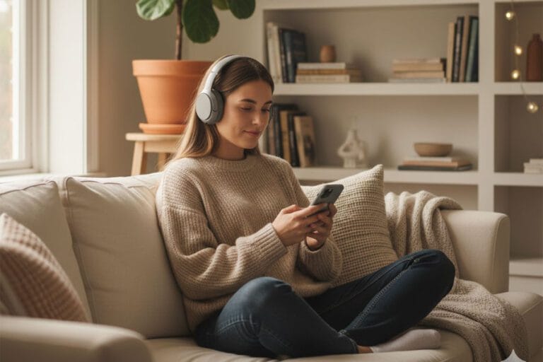 Una mujer joven sentada en un sofá, con una expresión de calma y serenidad mientras usa su celular.