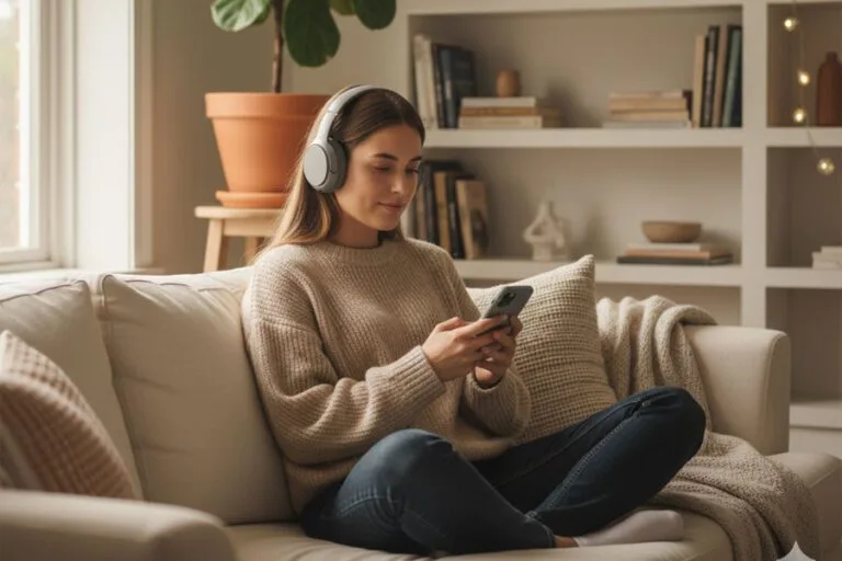 Una mujer joven sentada en un sofá, con una expresión de calma y serenidad mientras usa su celular.