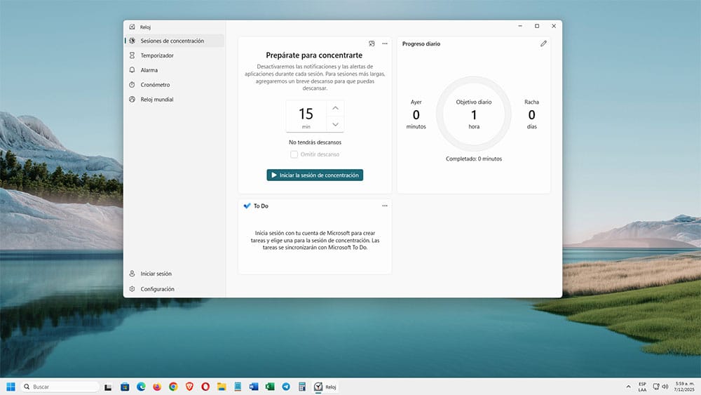 Captura de la herramienta "Sesión de concentración" de Windows 11 configurada en 15 minutos - Así inicié mi método Pomodoro adaptado