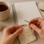 Manos tejiendo crochet con taza de te en ambiente calido