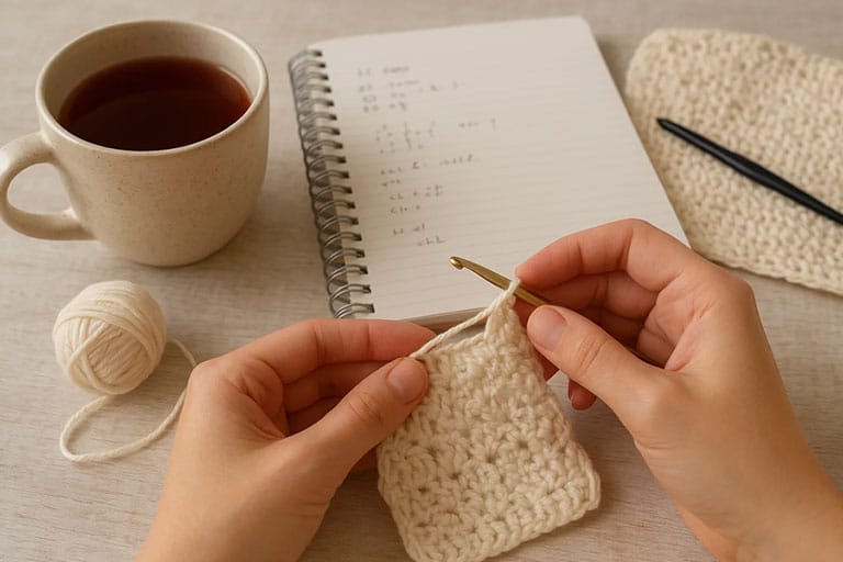 Manos tejiendo crochet con taza de te en ambiente calido