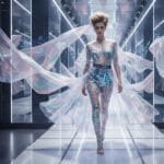 Modelo en pasarela futurista con vestido semitransparente de circuitos holográficos, luces LED y telas flotantes