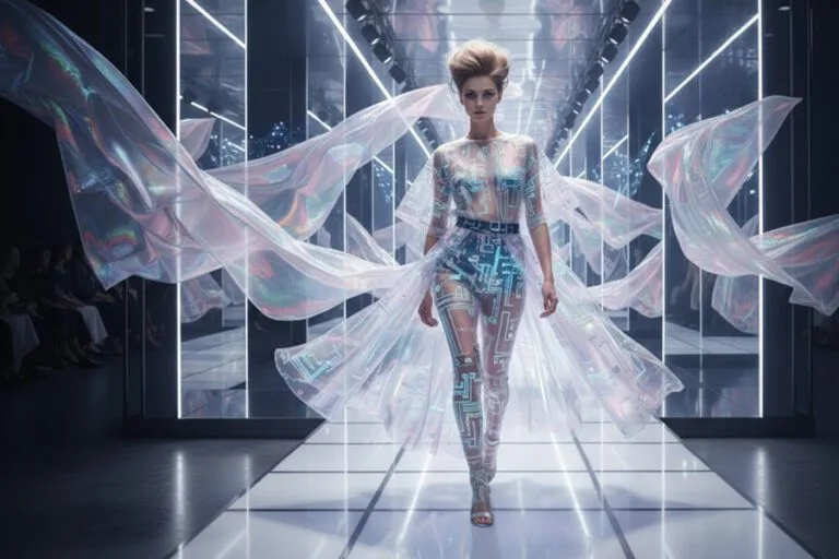 Modelo en pasarela futurista con vestido semitransparente de circuitos holográficos, luces LED y telas flotantes