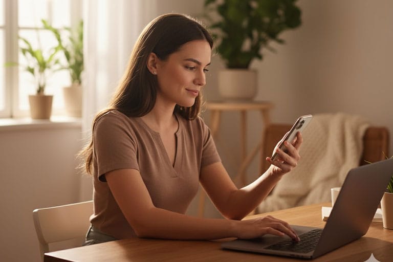 Mujer profesional trabajando remoto, enfocada en 6 habilidades clave para 2025.