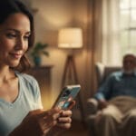 Mujer cuidadora sonriente usando una app en el móvil para organizar las tareas y el cuidado de un familiar en casa.