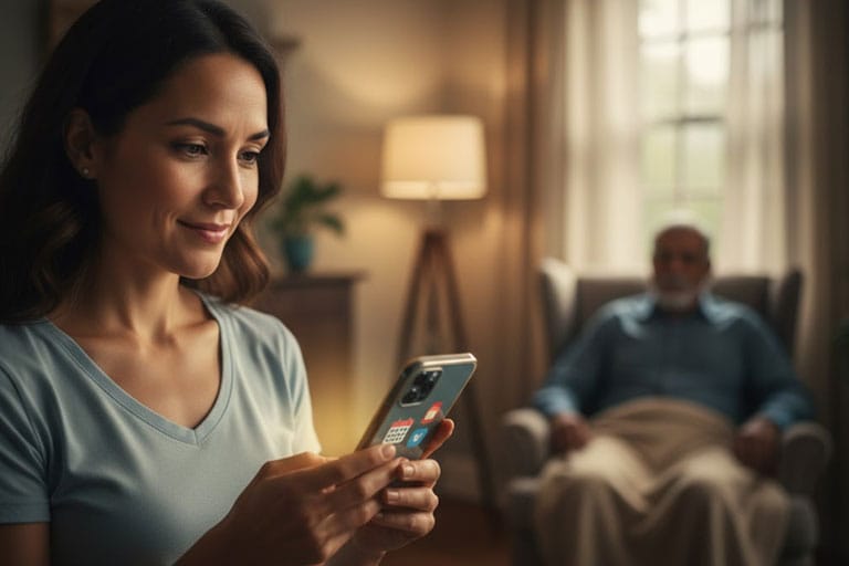 Mujer cuidadora sonriente usando una app en el móvil para organizar las tareas y el cuidado de un familiar en casa.