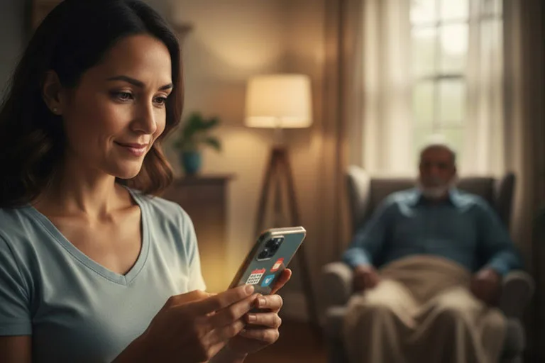 Mujer cuidadora sonriente usando una app en el móvil para organizar las tareas y el cuidado de un familiar en casa.