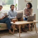 Reinventar tu carrera después de los 40. Grupo diverso de personas usando una laptop o tablet, en un espacio tranquilo, luminoso y moderno.