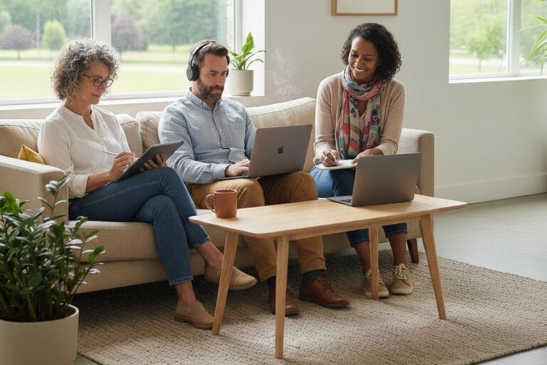 Reinventar tu carrera después de los 40. Grupo diverso de personas usando una laptop o tablet, en un espacio tranquilo, luminoso y moderno.