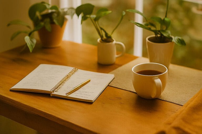 Escritorio con plantas, diario abierto, taza de té y móvil con app de meditación, ejemplificando el manejo emocional.