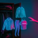 Ilustración de fantasmas saliendo de un clóset abarrotado, representando ropa con apego emocional.