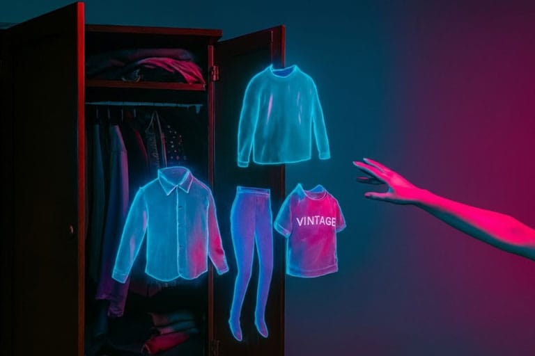 Ilustración de fantasmas saliendo de un clóset abarrotado, representando ropa con apego emocional.