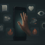 Ilustración de un smartphone iluminado en el centro, rodeado por íconos abstractos que representan los siete pecados digitales