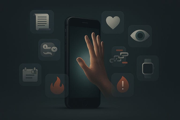 Ilustración de un smartphone iluminado en el centro, rodeado por íconos abstractos que representan los siete pecados digitales