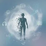 silueta humana pixelada desvaneciendose en una nube digital rodeada de iconos tecnologicos