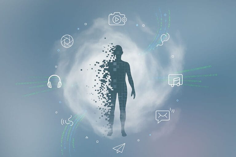 silueta humana pixelada desvaneciendose en una nube digital rodeada de iconos tecnologicos