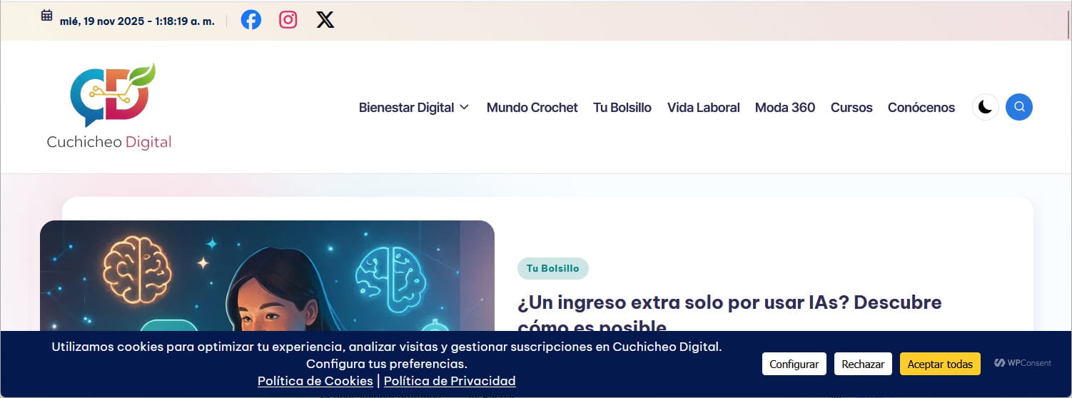 Captura del aviso de cookies en Cuchicheo Digital mostrando el botón Configurar para gestionar preferencias.