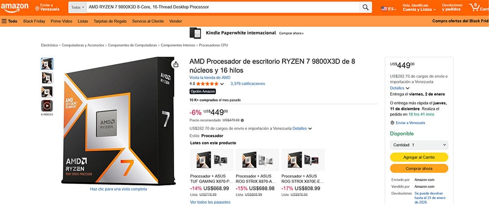 Captura del procesador AMD Ryzen en Amazon, mostrando un engañoso -6% de descuento en Black Friday.