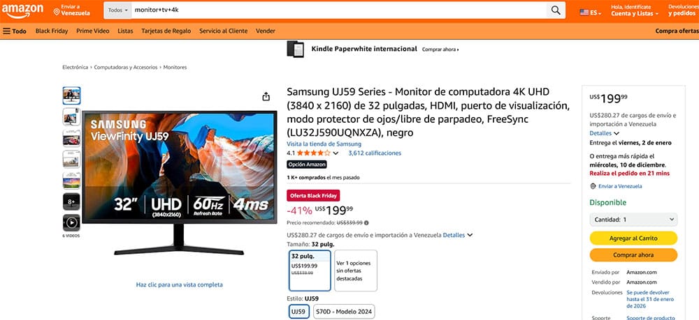 Captura de la página de Amazon que muestra un monitor Samsung UJ59 con un -40% de descuento listado en Black Friday.