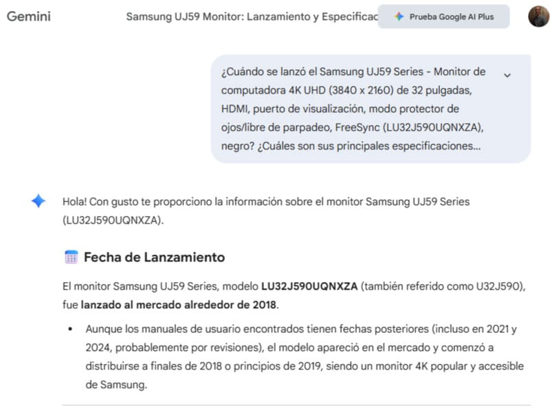 Captura de la consulta a la IA (Gemini) que confirma que el monitor Samsung UJ59 con -40% de descuento es un modelo de 2018, demostrando la trampa de liquidación de stock.