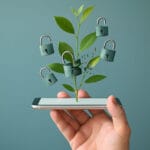 Mano sosteniendo smartphone con planta y candados abiertos, sobre fondo color teal