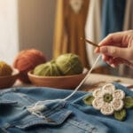 Primer plano de una mano elegante usando una aguja de crochet para coser un pequeño aplique floral en un jean.