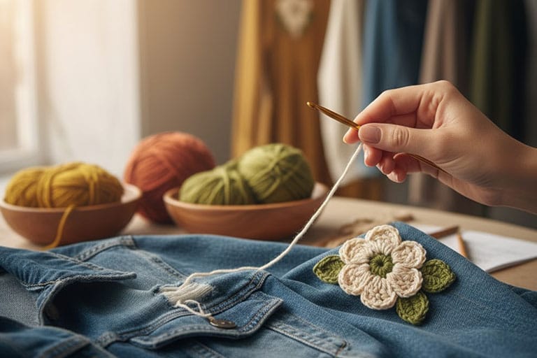 Primer plano de una mano elegante usando una aguja de crochet para coser un pequeño aplique floral en un jean.