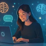 Persona joven usando laptop en ambiente futurista, rodeada de íconos de inteligencia artificial, comunicación y dinero. Ilustración cálida que representa ingresos extra con IA.