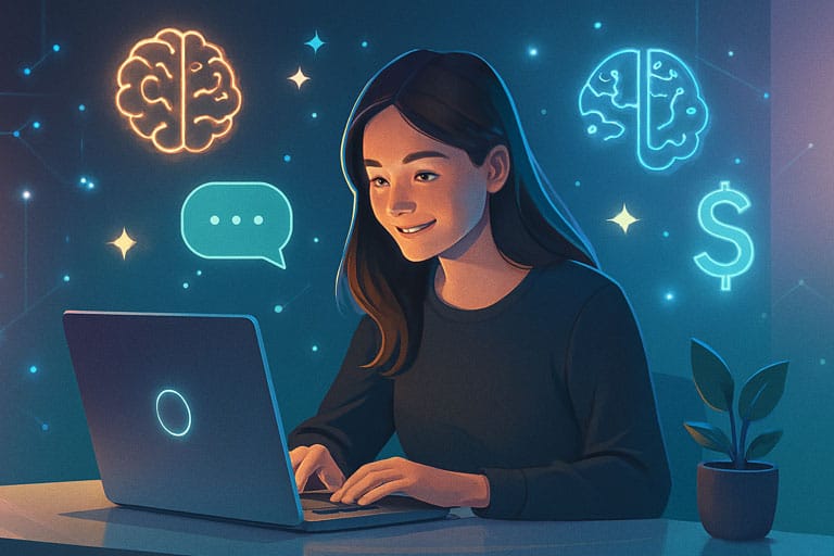 Persona joven usando laptop en ambiente futurista, rodeada de íconos de inteligencia artificial, comunicación y dinero. Ilustración cálida que representa ingresos extra con IA.