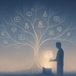 Árbol luminoso con ramas digitales conectando memorias; figura contempla una caja abierta que emite luz.