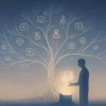 Árbol luminoso con ramas digitales conectando memorias; figura contempla una caja abierta que emite luz.