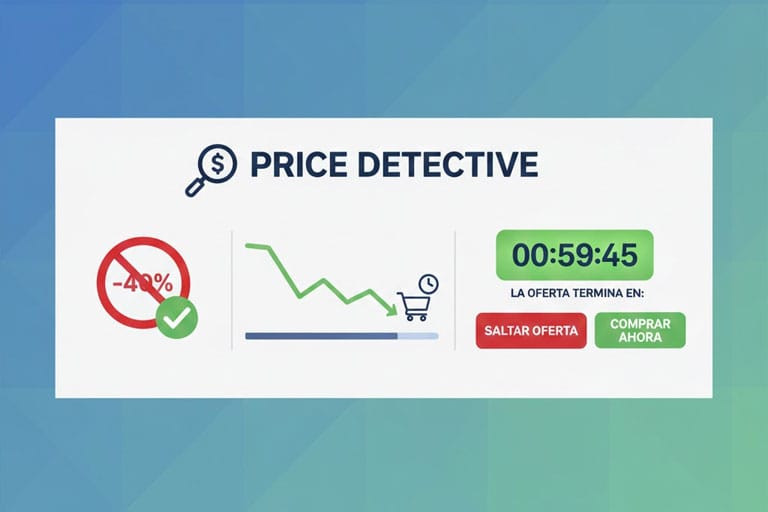 Ilustración del "Price Detective" que muestra cómo rechazar ofertas engañosas del Black Friday, analizando el historial de precios y la falsa urgencia para un consumo consciente.