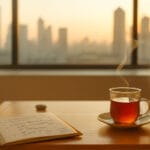 Espacio interior cálido y minimalista al amanecer, con una taza de té humeante, libreta abierta con tareas alentadoras, piedras suaves y vista serena de la ciudad a través de una ventana.