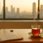 Espacio interior cálido y minimalista al amanecer, con una taza de té humeante, libreta abierta con tareas alentadoras, piedras suaves y vista serena de la ciudad a través de una ventana.
