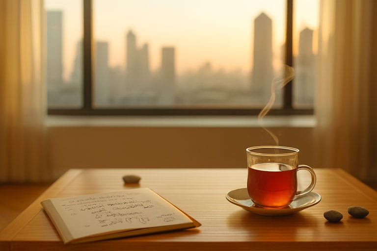 Espacio interior cálido y minimalista al amanecer, con una taza de té humeante, libreta abierta con tareas alentadoras, piedras suaves y vista serena de la ciudad a través de una ventana.
