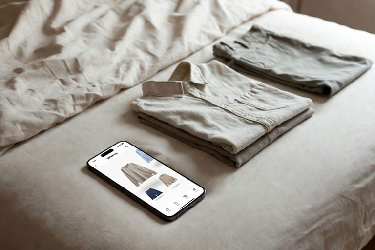 Smartphone sobre una cama con la aplicación estilo Whering mostrando un clóset digital y ropa doblada, simbolizando la organización para ahorrar dinero.