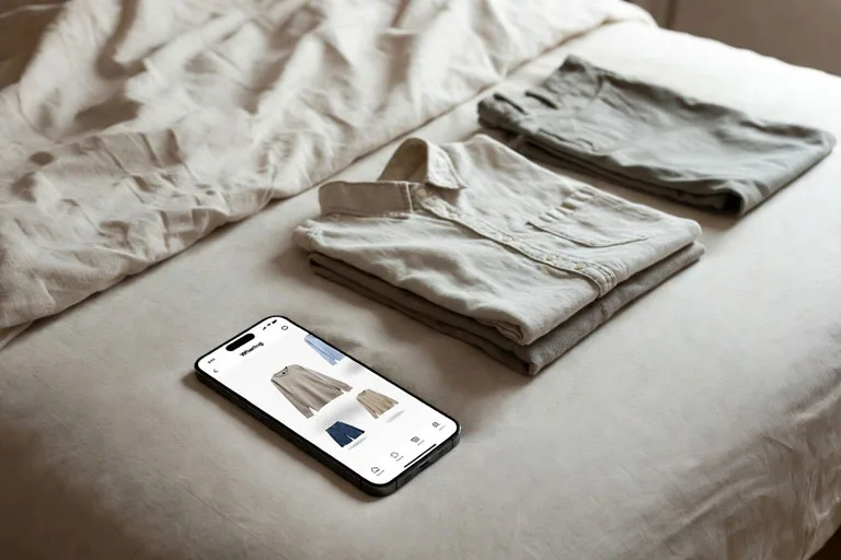 Smartphone sobre una cama con la aplicación estilo Whering mostrando un clóset digital y ropa doblada, simbolizando la organización para ahorrar dinero.