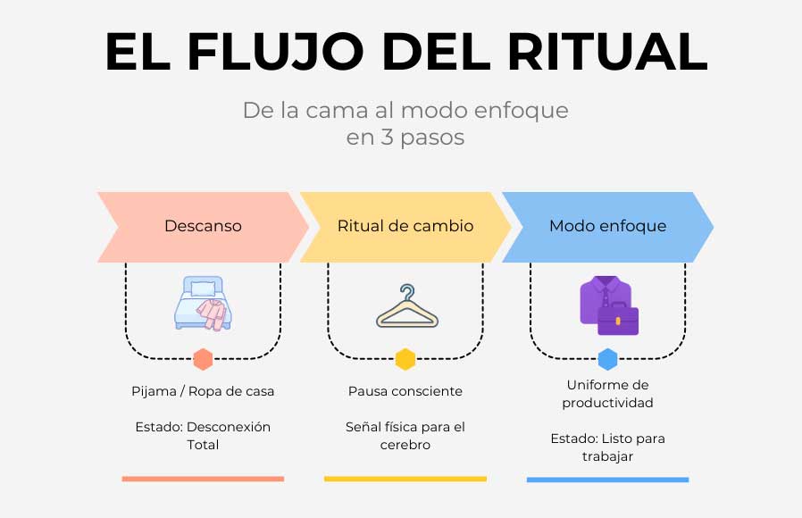 Diagrama de flujo que ilustra el Ritual de Transición del Home Office en 3 pasos: de la Ropa de Descanso al Uniforme de Productividad, aplicando la Cognición Vestimentaria.