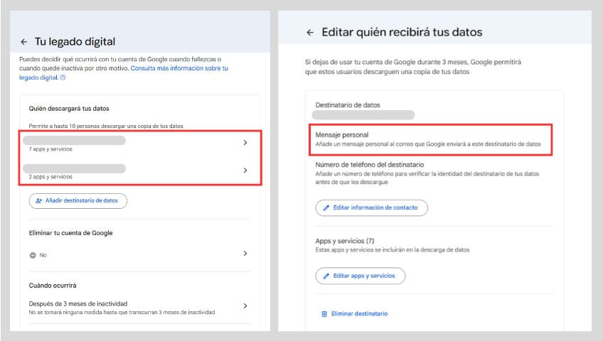 Vista del menú de legado digital con contactos añadidos y de la pantalla para editar quién recibirá tus datos en Google.