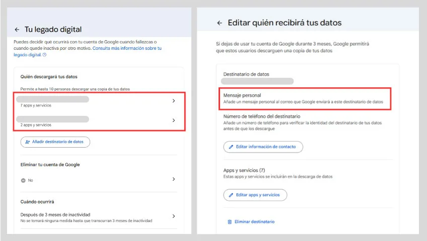 Vista del menú de legado digital con contactos añadidos y de la pantalla para editar quién recibirá tus datos en Google.