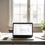 Escena de bienestar digital con una laptop mostrando la configuración de Google, una taza de café y una planta, que representa la planificación del legado digital.