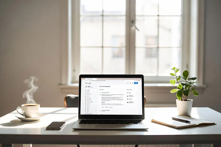 Escena de bienestar digital con una laptop mostrando la configuración de Google, una taza de café y una planta, que representa la planificación del legado digital.