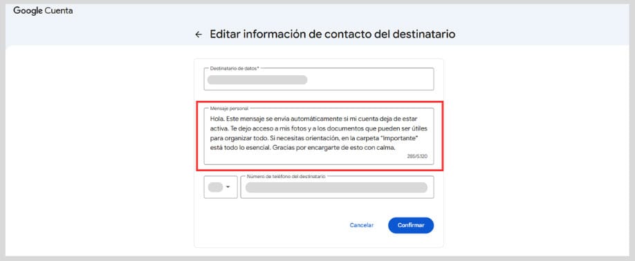 Pantalla de edición del contacto en el Gestor de Cuentas Inactivas de Google, mostrando el mensaje personal que se enviará al destinatario.