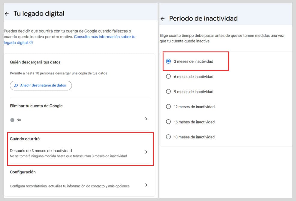 Captura del menú principal del Gestor de Cuentas Inactivas de Google y de la pantalla donde se elige el periodo de inactividad.