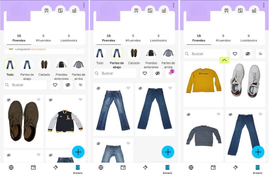 Captura de pantalla del inventario visual en la app Whering mostrando la organización de la ropa para crear outfits.